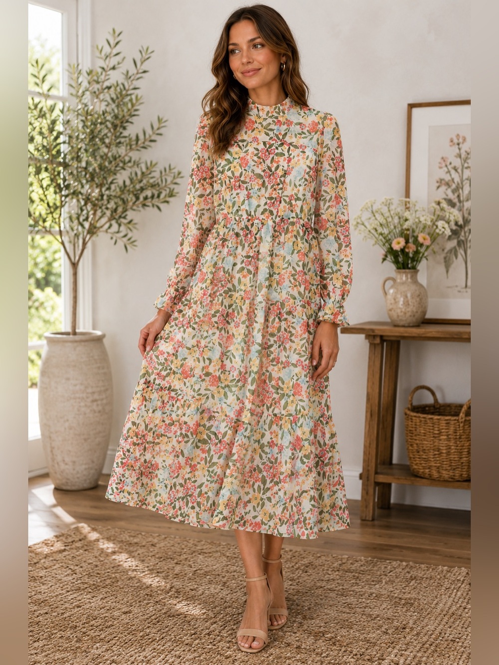 ANRABESS Floral Tiered Midi Dress – Size Large 🌸